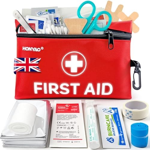 Image of HONYAO First Aid Kit, 105 Pieces Small First Aid Kit, Includes Plasters, Emergency Foil Blanket, Burn Gel for Travel Car Home Workplace Kids Camping Hiking Motorbike Holiday, Red