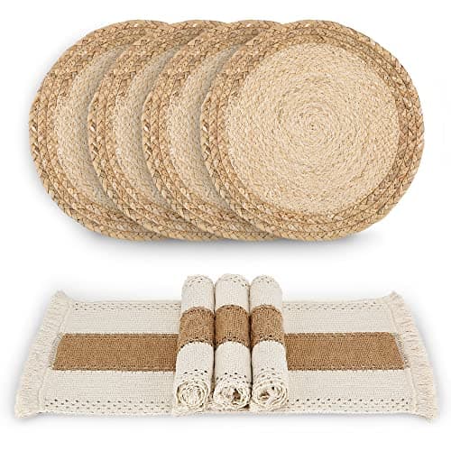 Image of Zology Hand Made Boho Placemats, Set of 4, Natural Cotton, Burlap and Water Straw, Woven Combination Placemats, Macrame Decor and Farmhouse Style, for Dining Table, Kitchen
