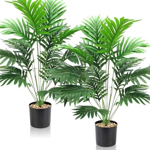 Image of Duscdesp Set of 2 Artificial Plants Indoor Decorative Tall Artificial Plants Large Palm Tree Fake Plants Plastic Tree Faux Plants for Indoors Office Home Outdoor Decor (2 Pcs Yellow Palm Large)