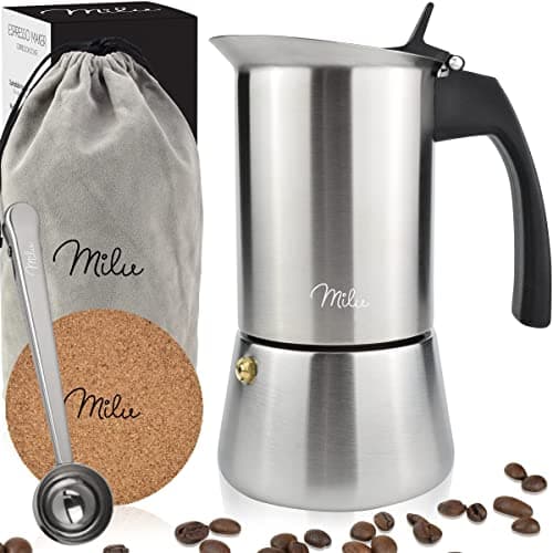 Image of Milu Espresso Maker (2 Cup No Induction) | 2, 4, 6, 9 Cup | stainless steel Espresso Pot, Stovetop Moka Pot, Coffee Maker, Set including coaster, spoon, brush (2 cups 100ml)