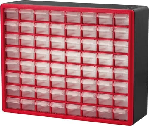 Image of Akro-Mils 10164 64-Drawer Plastic Drawer Storage Cabinet for Garage Organization, Teacher Toolbox, Makeup Organizer, and More, 50.8 cm W x 16 cm D x 40.6 cm H, Red