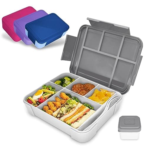 Image of IJIAMY Bento Lunch Box Kids, Bento Box Lunch Box Adults with 5 Compartments and 1 Salad Dressing Containers, Snack Box for Kids and Adults Work School (Grey)