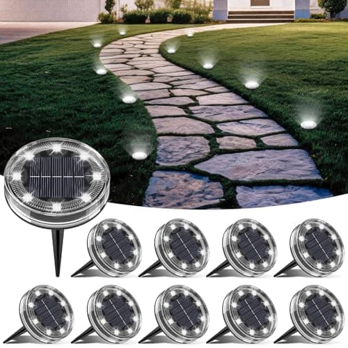 Image of LOTMOS Solar Lights Outdoor Garden, 10 Pack 8 LED Solar Ground Disk Light, IP65 Waterproof Garden Lights for Pathway Lawn Yard Patio Landscape Walkway (Cool White)