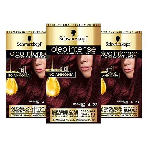 Image of Schwarzkopf Oleo Intense Red Hair Dye, 3-Pack Permanent Oil Colour, No Ammonia, Covers Greys, Burgundy Red 4-23