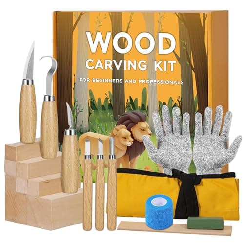 Image of 19 in 1 Wood Carving Tools Set for Adults Children Beginners, Wood Carving Set with 8 Basswood Carving Block Set, 6 Carving Knives for Wood, Cut-Resistant Gloves, Roll Bag, Sharpener Tape