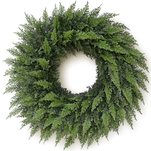 Image of 24" Real Touch Cedar Wreath for Front Door, Artificial Christmas Wreaths Faux Cedar Green Fake Pine Needles Wreath for Front Door Wall Windows Indoor Outdoor Christmas Decor
