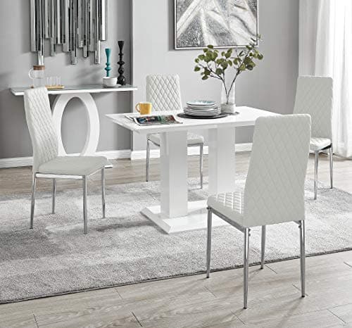 Image of Furniturebox UK Dining Table & Chairs- Imperia Dining Table Set with 4 White Milan Chairs - Stunning High Gloss White Dining Table (Dining Table + 4 White Milan Chairs)