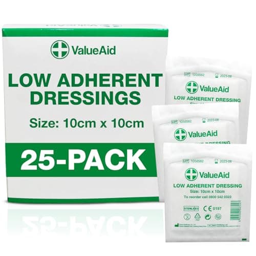 Image of Value Aid Low Adherent Dressing Pads - 10cm x 10cm Hypoallergenic Sterile Wound Care, Non-Stick Surface for Gentle Removal - Individually Wrapped Medical Dressings for Cuts & Grazes (25 Pack)