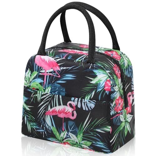 Image of TIECHI Insulated Lunch Bag, Small Cool Bag Lunch Box for Adults Kids, Thermal Water-Resistant Pack Lunch Box Bags for Work, School, Picnic, Outdoor (Black Flamingo)