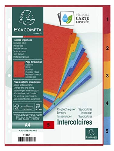 Image of Exacompta - Ref 3110Z - Europa Collection - Printed Indices - Suitable for Use With A4 Documents, 225gsm Premium Pressboard, 5 Parts (1-5) - Multicoloured