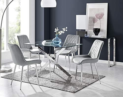 Image of Furniturebox UK Leonardo Rectangular Glass 4 Seater Dining Table with Gold Metal Starburst Legs 120x70cm Modern Minimalist Table with 4 Grey Velvet Pesaro Silver Leg Dining Chairs