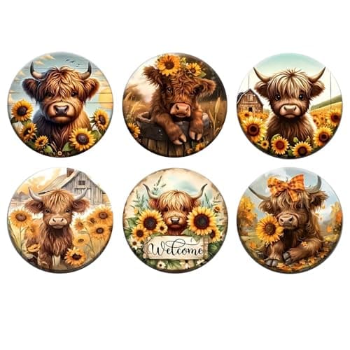 Image of Wasise Highland Cow Coasters - Sunflower Cow Coasters, Highland Cow Gifts For Women, Car Coaster for Cup, Coaster Rustic Farm Animal Theme Heat-Resistant Cup Mats 4Inch, for Women Men Mom Her 6PS