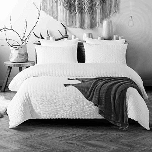 Image of RAYYAN LINEN Seersucker Luxury Duvet Cover Bedding Set with Pillow Cases Ruffled Seersucker Texture (White, Super King)