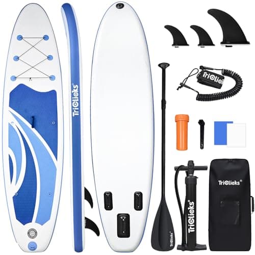 Image of Triclicks 10ft Stand Up Paddle Boards Inflatable SUP Board Surfboard - Beginner's Kit. Adjustable Paddle, Air Pump With Pressure Guage, Fin, Repair Kit, Premium Leash & Rucksack (Style 7)