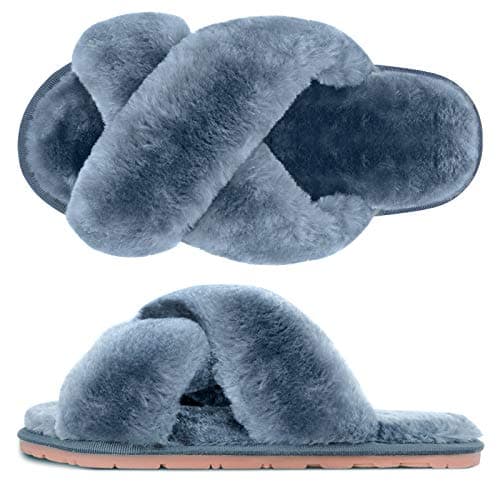 Image of SIMIYA Womens Fluffy Slippers, Anti-Skid Faux Fur House Slippers, Warm Furry Cozy Open Toe Sliders for Girls Indoor Outdoor Shoes(Grey,UK 3/4)