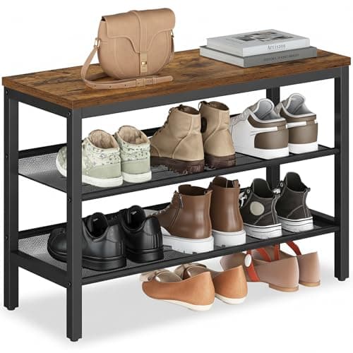 Image of VASAGLE 3 Tier Shoe Rack Bench, One Piece Shelves, Shoe Storage Organiser with Raised Edges, Industrial Style, Easy Assembly, 28 x 75 x 50 cm, Rustic Brown and Matte Black LSB070KD02
