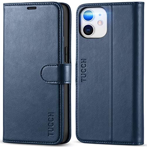 Image of TUCCH Wallet Case for iPhone 12 Mini (5.4"), PU Leather Folio Case with RFID Blocking Protect Credit Card Holders Magnetic Viewing Stand[Shockproof TPU Case] Compatible with iPhone 12 Mini, Dark Blue