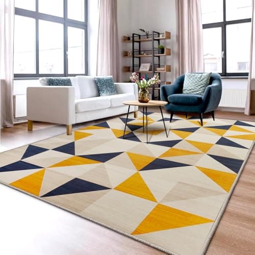 Image of Aspire Homeware Rugs Living room 120 x 170 Anti Slip Geometric Style Bedroom Rug – Soft Easy to Clean Carpets for Nursery Room, office – Non-Shedding Large Yellow Area Rugs for Lounge(Brio)