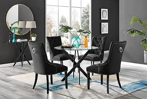 Image of Furniturebox UK Novara Black Leg Round Glass Dining Table & 4 Black Belgravia Black Leg Chairs