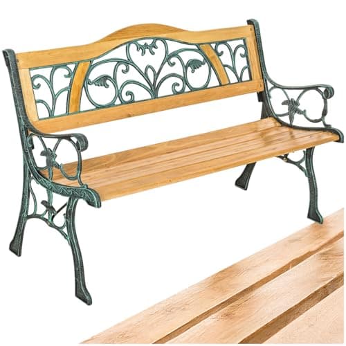 Image of tectake® Decorative Garden Bench - 2 Seater with Cast Iron Sides and Wooden Slats - Ideal for Outdoor Use as Patio Furniture, Park Seat, Terrace - Lacquered Weather-Resistant Wood - Flowing Pattern
