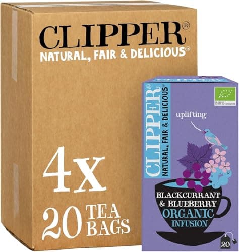 Image of Clipper Organic Blackcurrant & Blueberry Infusion Fruit Teabags / 80 Infusions Tea Bags (4x Boxes of 20) / Caffeine-Free Herbal Tea/Natural, Unbleached, Plant Based