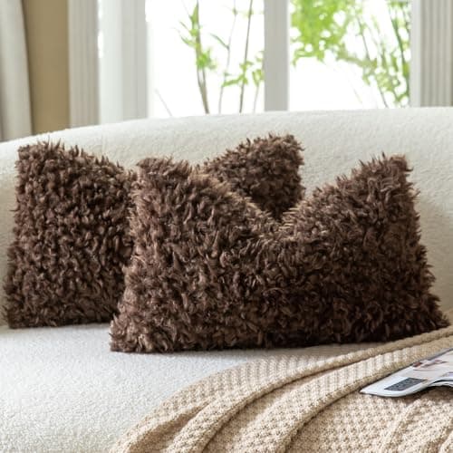 Image of Mandioo Set of 2 Chocolate Faux Fur lumbar Cushion Covers 30x50 cm 12x20 inch Boucle Decorative Sherpa Throw Pillow Covers Thick Fuzzy Fleece Pillowcases for Sofa Couch Bed Living Room