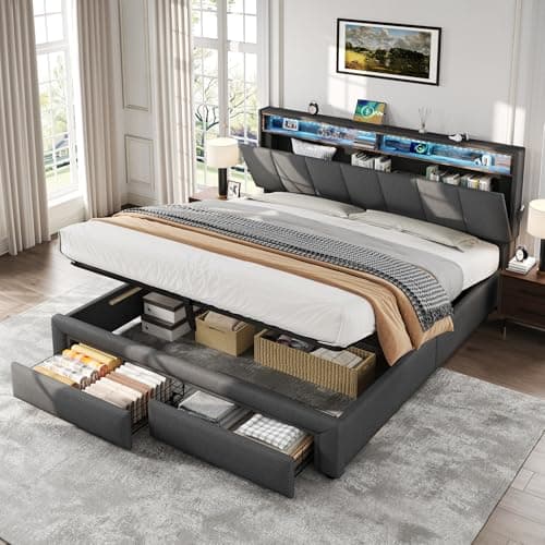 Image of Upholstered Bed Frame with Hydraulic Lift & Drawers & Adjustable Concealed Storage Headboard, 5ft King Size Bed Frame with LED Lighting & Charging Station, Linen Functional Ottoman Storage Bed, Grey