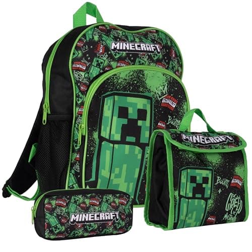 Image of Minecraft Creeper Backpack, Lunchbag and Pencil Case Set 3 Pc