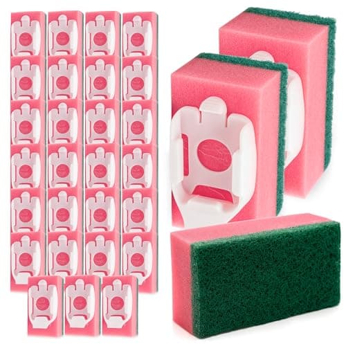 Image of SOL 27pk Sponge Refill Heads for Liquid Handle Brush – Dishmop Style Washing Up Scrubber Refills with Pink & Green Scourer & White Plastic Base, 3 x 9pk Packs for Kitchen Dish Cleaning & Daily Use