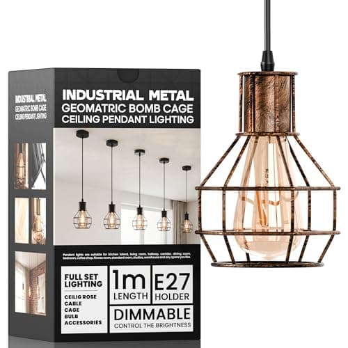 Image of LEDSone Brushed Copper Lantern Pendant Light with E27 Bulb, Cage Pendant Light Metal Basket Design, Adjustable 90 cm Ceiling Light Wire Basket for Kitchen Dining Indoor