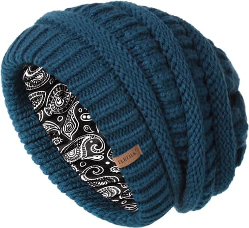 Image of FURTALK Slouchy Beanie Hats for Women Satin Lined Knitted Hat Double Layer Soft Warm Winter Beanie Hat for Girls Blue