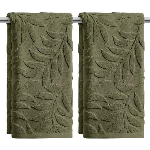 Image of Artoid Mode Olive Green 3D Leaves Jacquard Spring Hand Towels for Bathroom 35 x 75 cm, 100% Cotton Soft Absorbent Bathroom Decor Towels Set of 2