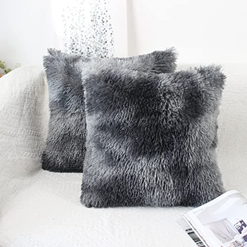 Image of OYIMUA Fluffy Cushion Covers 45 x 45 Dark Grey Faux Fur Set of 2 Cushion Cover 18x18 Soft Decorative Square Plush Pillow Cover for Sofa Livingroom Bedroom