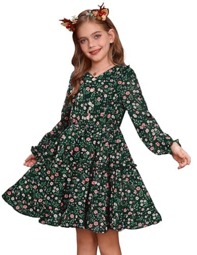 Image of GRACE KARIN Kids Flower Girl Dresses V Neck Long Sleeve Chiffon Midi Tiered Dress Green 6 Years