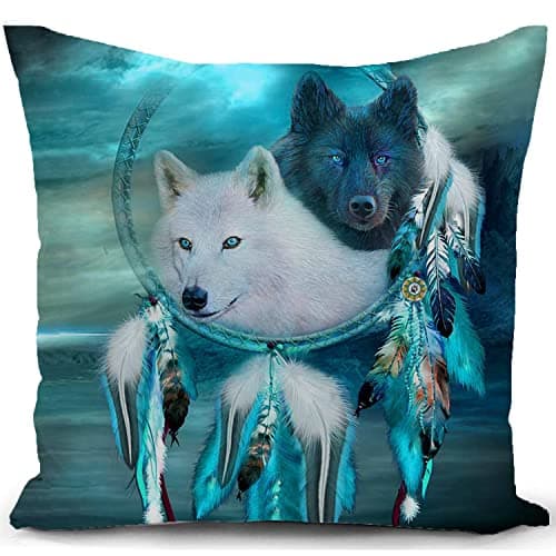Image of KUNQIAN Wolf Cushion Cover Dream Catcher Teal Pillow Cover Decor for Home Livingroom Couch Bed Sofa Decorate Throw Pillow Case Wolf Gift 18''x18'' (ac16c) 45 x 45 cm