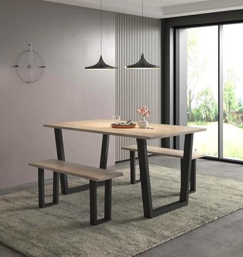 Image of Hallowood Furniture Dudley Dining Table and Bench Set 2, 150cm Industrial Style Kitchen Table with Black Metal U Shaped Legs and 2 Kitchen Bench Set, Modern Dining Room Sets for Home, Office