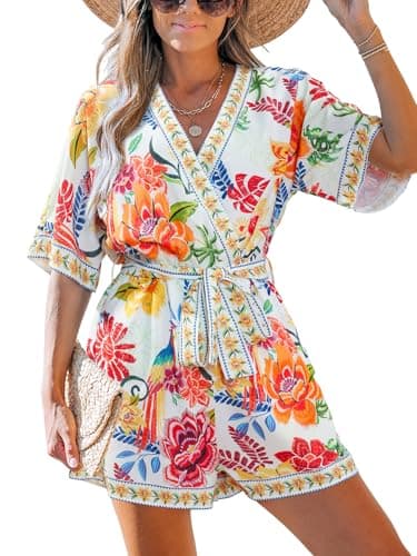 Image of CUPSHE Women Jumpsuit V Neck Lace Up Romper Leopard Print Dolman Sleeves Short Wide Leg Casual Overall Playsuit Red Floral S