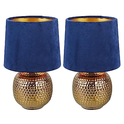 Image of Britalia 2 Pack - Gold Ceramic Vintage Hammered Globe Table Desk Lamp with Blue Velvet Shade | 26cm Height | 1 x SES E14 Lamp Bulb Required | UK Approved | Retro Design | Tapered Drum Lampshade