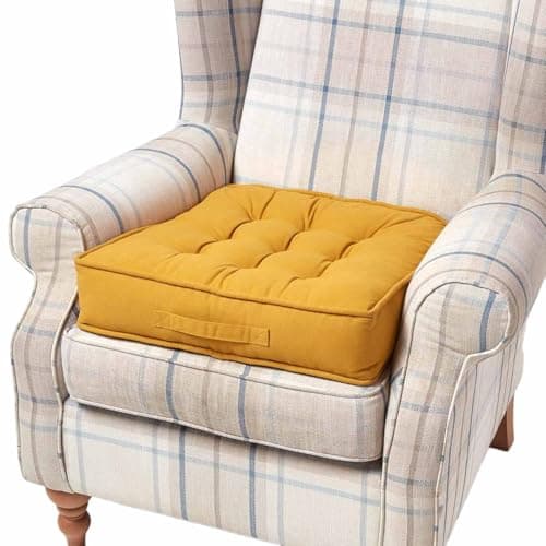 Image of HOMESCAPES Mustard Armchair Booster Cushion Large Firm 50cm Square Seat Pad with Supportive 10 cm Thick Lift Soft Touch Cotton Dark Yellow Cushion For The Elderly, Post-Operative and Pregnancy
