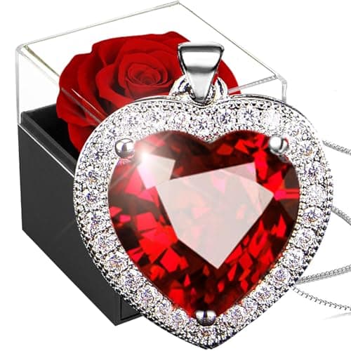 Image of Preserved Real Rose with Crystal Necklace,Forever Red Rose with Women Heart Necklace,925 Sterling Silver Ruby Birthstone Pendant in Eternal Rosebox,Infinity Gift for Her On Christmas valentine