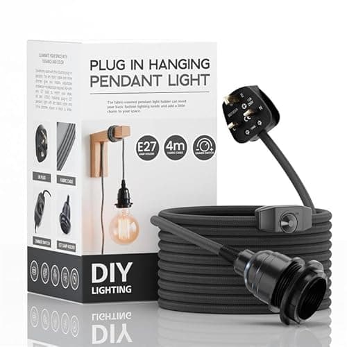 Image of LEDSone Industrial Hanging Pendant Light with Plug-in, E27 Suspended Lamp Holder, 4m Fabric Flexible Cable with Dimmer Switch for Ceiling Hanging Lights (Black)