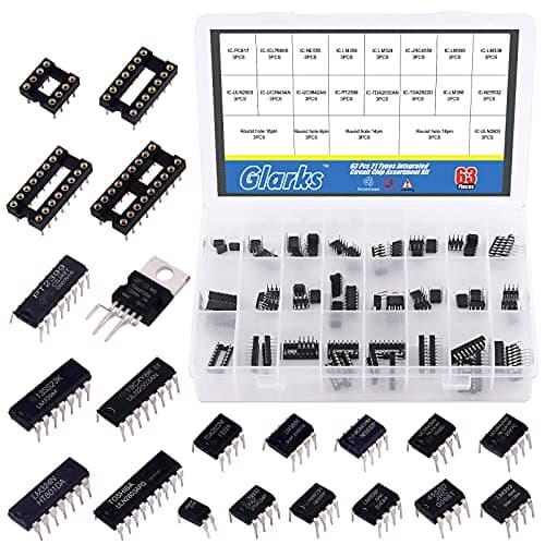Image of Glarks 63Pcs IC Chip Assortment Include LM358, LM324, LM386, JRC4558, ICL7660, LM393, LM339, NE5532, NE555, PC817, TDA2030, TDA2822, PT2399, UC3842, UC3843, ULN2003, ULN2803 and 8/14/16/18 Pin DIP IC