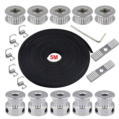 Image of QitinDasen 5m 3D Printer GT2 Timing Belt Kit, 2mm Pitch 6mm Width Rubber Timing Belt, with 5Pcs 5mm 20-Teeth Timing Pulley, 5Pcs Idler, 5Pcs Tensioner Spring Torsion and 2Pcs Gear Clamp Mount Block