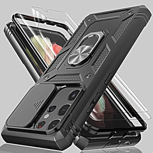 Image of HpulaCase for Samsung S21 Ultra Case with Camera Cover Slider, 2*Screen Protectors,Build in 360°Rotating Ring Kickstand, Military Grade Protective Case for Samsung Galaxy S21 Ultra 5G 6.8"-Black