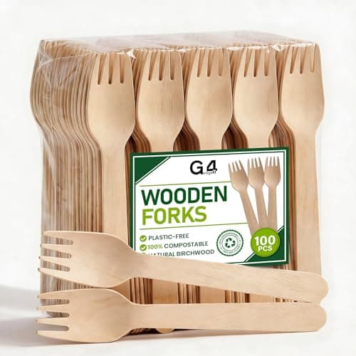Image of G4GADGET 100x Wooden Forks - Disposable Biodegradable Birch Wood Utensils for Parties, Picnics, Weddings, BBQs, and Events