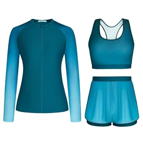 Image of JASAMBAC Swimming Costume Women,Ladies Long Sleeve Swimsuit,Rash Guard Swimwear, Tummy Control Swimwear UPF 50+ Bikini Top & High Waist Boyshorts Zipper Modest Swimwear Bathing Suit Soft Surf Suit