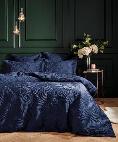 Image of Paoletti Palmeria Quilted Duvet Cover Set – Luxe Embroidered Velvet Bedding (Navy – Super King)