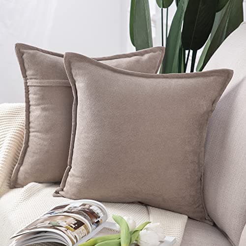 Image of Madizz Set of 2 Short Chenille Throw Pillow Covers 20x20 Inch Light Taupe Soft Decorative Cushion Cover for Sofa Bedroom Pillow Shell