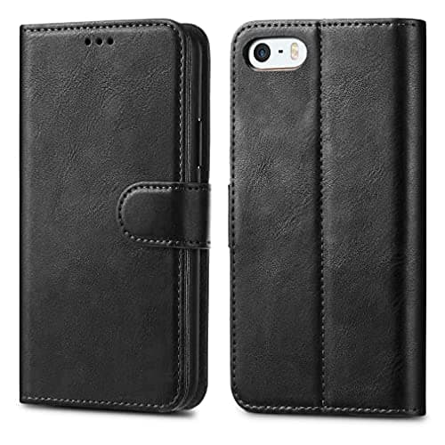 Image of GAPlus iPhone SE 5 5S Case Premium Leather Flip Wallet Case Cover Pouch For iPhone SE 5 / 5S and Screen Protector With Polishing Cloth And Stylus (Black)