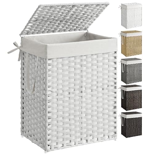 Image of SONGMICS Handwoven Laundry Hamper, 23.8 Gal (90L) Synthetic Rattan Clothes Laundry Basket with Lid and Handles, Foldable, Removable Liner Bag, White ULCB51WT
